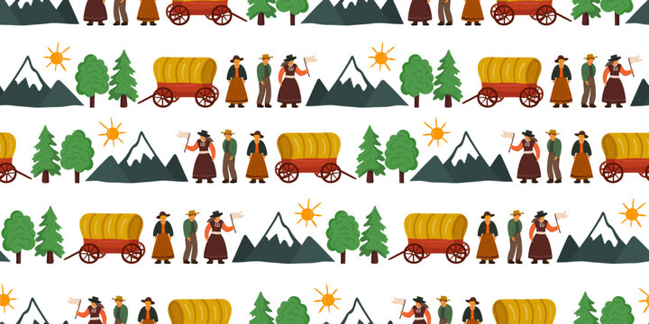 pioneer day seamless pattern white background with covered wagons, settlers, mountains, people, trees for historical projects postcard