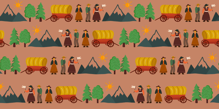 pioneer day seamless pattern with covered wagons, settlers, mountains, and trees for historical backgrounds and textiles