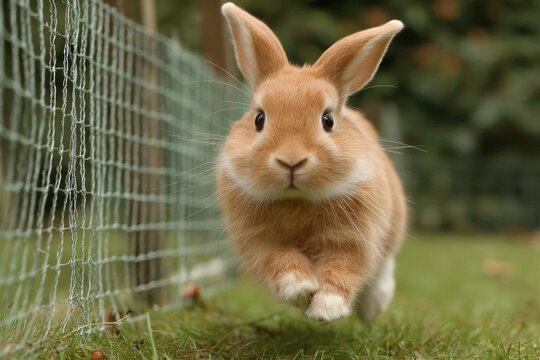 A captivating close-up of a running rabbit near a fence on grass, showcasing its soft fur and alert expression, a delightful scene of nature's charm and innocence.