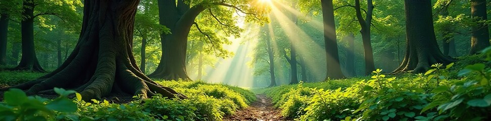 Sun-dappled forest floor, lush green undergrowth, ancient trees reaching for the sky, dappled sunlight filtering through leaves , woods, forest path, trees