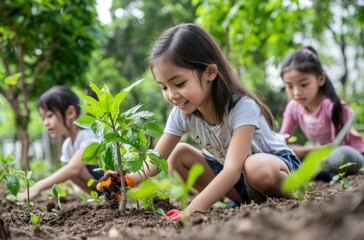 Children planting trees in a park, environmental conservation