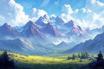 Fototapeta premium Majestic Snow Capped Peaks Landscape Art Painting Scenic View Mountain Range Valley Green Meadow Trees Clouds Sky Blue