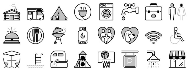 Icons in two tones about camping services.