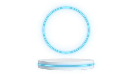 product platform showcase with blue neon lights circle on transparent background, png sale podium shopping social media isolated design element	