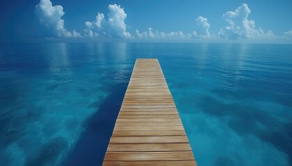 Fototapeta premium Wooden dock extends into blue ocean, clear skies, and soft white clouds. Use to depict escape, serenity, vacation, or a journey into the unknown.