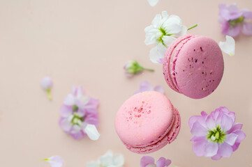 Flying pink macaroons composition with flowers on light background. Top view, horizontal.