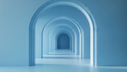 Fototapeta premium Light blue arched hallway. Perspective view of a long corridor. Smooth, minimalist style. Archways stretch into the distance