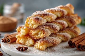 A delicious stack of twisted puff pastry sprinkled with sugar and cinnamon, with aromatic cinnamon sticks and a bowl of ground cinnamon in the background.