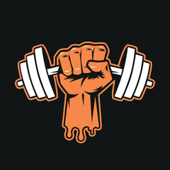 Orange fitness fist logo with dumbbell,Strong power gym vector