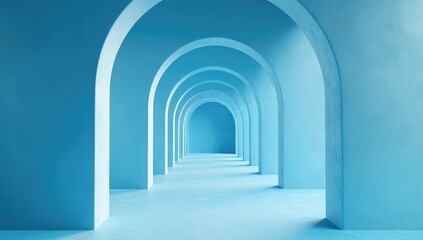 Naklejka premium Azure arched passageway. Empty, serene, minimalist hallway with repeating arches