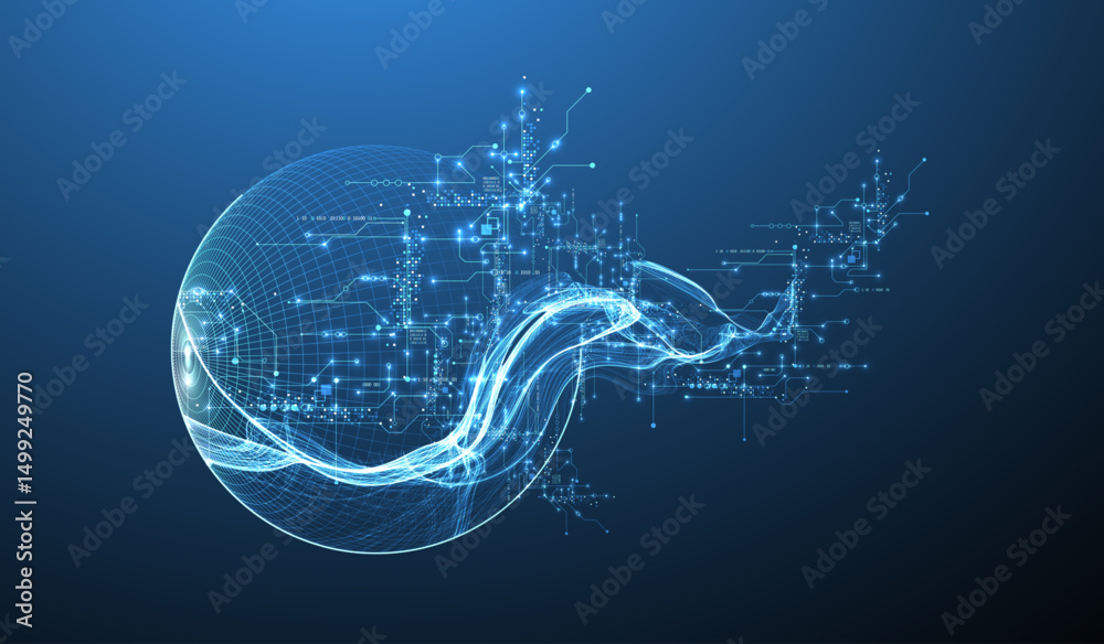 Poster abstract data wave with sphere and futuristic circuit lines. technology concept. vector