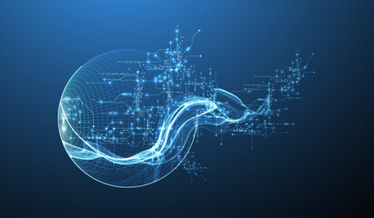 Abstract data wave with sphere and futuristic circuit lines. Technology concept. Vector © Alex