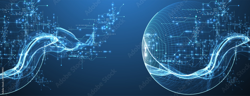 Aufkleber Abstract data wave with sphere and futuristic circuit lines. Technology concept. Vector