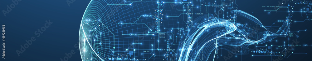 Poster Abstract data wave with sphere and futuristic circuit lines. Technology concept. Vector