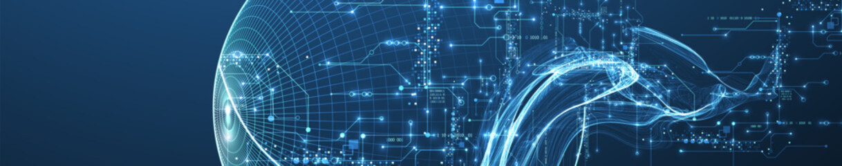 Abstract data wave with sphere and futuristic circuit lines. Technology concept. Vector