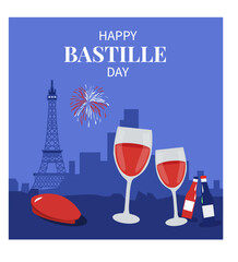 Square Happy Bastille Day  Illustrations with Eiffel Tower, Flags, and Fireworks-07