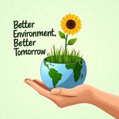World Environment Day Hand Holding Green Earth with Sunflower and Eco Message Concept. Ai Gen