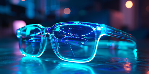 Pair of Glasses Radiating a Glowing Blue Light, Set Against a Vibrant Cityscape Illuminated by Nighttime Lights

