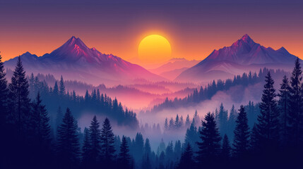 Obraz premium Breathtaking Mountain Landscape with Glowing Sunset Sky and Misty Evergreen Forests