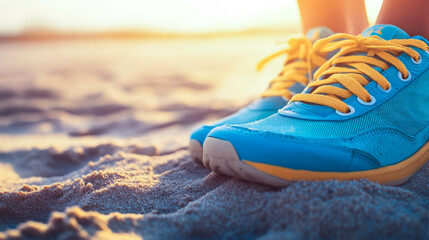 Naklejka premium Vibrant summer sneakers on sandy beach at sunset