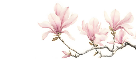Pink Magnolia flowers isolated on white, botanical illustration. For wedding invitation cards scrapbooking posters planners, web, landing page, wallpaper.Space for greetings.	