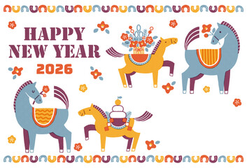 2026年　午年年賀状イラスト（馬の親子と華やかなお正月)