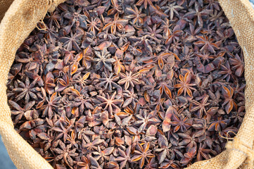 Star anise heap, spice market stall in India, spicy food ingredient for sale, Illicium verum in a jute sack 