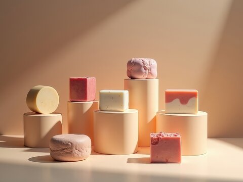 Row of soaps are displayed on pedestals, with some being pink and others being white handmade soap, handicrafts, creativity, handmade, diy. - Powered by Adobe