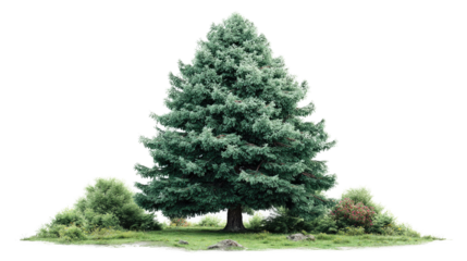 Evergreen Elegance: A majestic evergreen tree stands proud, its lush, green needles radiating natural splendor, flanked by smaller shrubs creating a scene of timeless natural beauty.