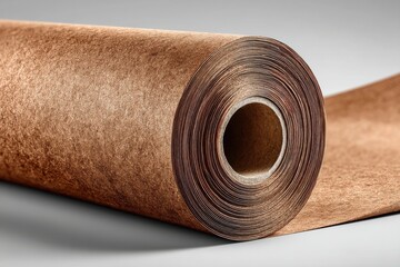 A roll of brown paper is unrolling to reveal a long sheet of the textured material, creating an abstract pattern of lines, shadows, and texture on a clean backdrop.