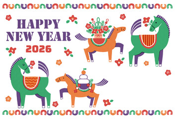 2026年　午年年賀状イラスト（馬の親子と華やかなお正月)