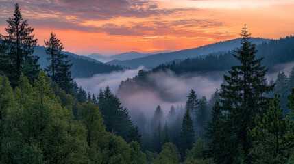 Breathtaking Mountain Landscape with Glowing Sunset Sky and Misty Evergreen Forests