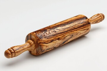 Close-up of a handcrafted wooden rolling pin on a clean white background, showcasing unique wood grain and craftsmanship details for baking enthusiasts and culinary professionals.
