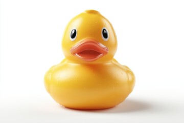 A bright yellow rubber ducky with water droplets on its surface, isolated on a white background, evokes a sense of playful innocence and childhood memories of bath time fun.