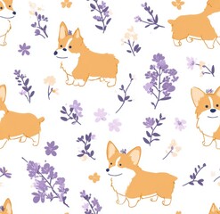 Cute corgi dogs and flowers create a cheerful repeating pattern.
