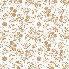 Russian old style ornament Hohloma in gold colors seamless pattern. Vector Floral slavic traditional decoration motive. For cards, fabric, textiles, clothing, packaging.