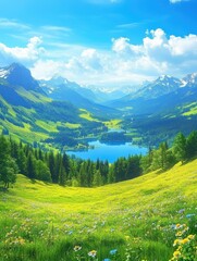 Alpejskie jezioro i góry, widok z lotu ptaka
