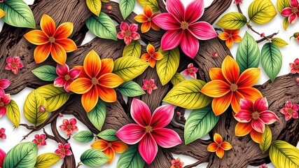 Fototapeta premium Organic Floral Patterns on Driftwood Texture in Abstract Style