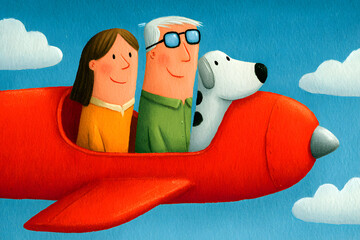 Travel concept. A happy dog flying the airplane. Holidays, travelling, summer, happiness concept. 