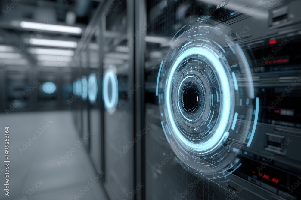 Poster a futuristic server room with glowing circular interface elements, showcasing advanced technology an
