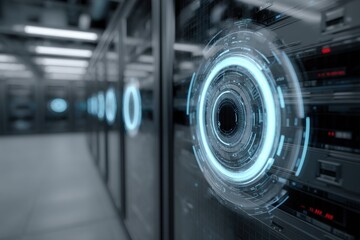 A futuristic server room with glowing circular interface elements, showcasing advanced technology and data processing infrastructure, creating a high-tech atmosphere.