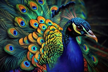 Fototapeta premium Vibrant Close-Up of Peacock's Colorful Head and Neck in Dramatic Black Background