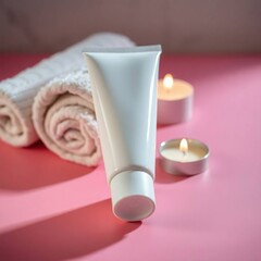 Detailed macro shot of blank tube paired with candles and a towel on pink background, creating a spa and wellness ambience.