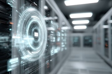 A futuristic server room showcasing advanced technology, highlighting a circular holographic interface with bright lights and data streams, representing the modern data center.