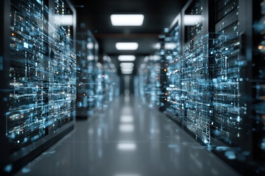 A modern server room showcasing the interconnectedness of data and technology, featuring rows of servers, digital displays and futuristic blue light patterns.