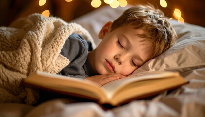 Serene Slumber: A young child peacefully sleeps, nestled under a cozy blanket with an open book in sight. Soft lighting and warm tones create a dreamlike atmosphere