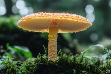 Fototapeta premium Enchanted Forest Fly Agaric Mushroom in Natural Habitat Woodland Scene Wild Fungi Colorful Orange Botanical Art Delicate