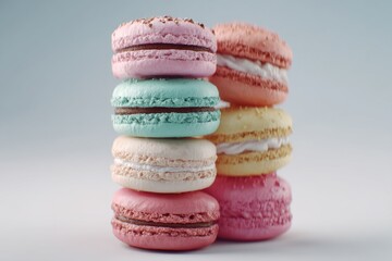 A delightful tower of colorful macarons stacked on top of each other against a light background, showcasing their unique textures and creamy fillings, tempting treats.