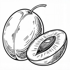 Plum in black and white pencil sketch style representing organic fruit illustration and vintage botanical design