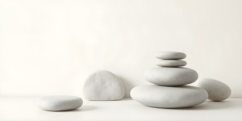Zen stone inspired abstract shapes, smooth rounded forms, light gray and off-white color scheme, spa atmosphere